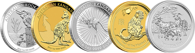 Silbermünzen und Goldmünzen der Perth Mint - Kookaburra und Kangaruh